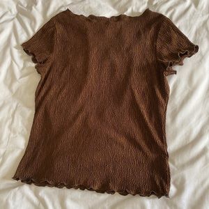 brown babydoll shirt with lettuce trim